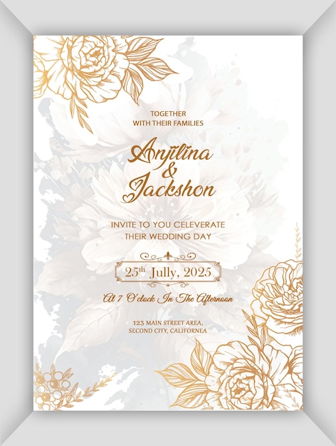 Diseño de plantilla de invitación de boda de flores creativas de lujo blanco plantilla de compromiso de oro