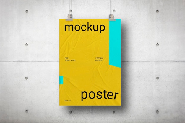 Diseño de plantilla de maqueta de póster amarillo A4 colgado en una cuerda PSD