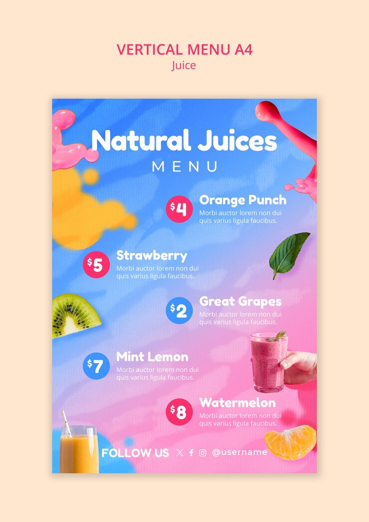 Diseño de la plantilla del menú de jugo