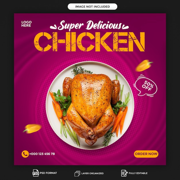 Diseño de plantilla de publicación de instagram y banner de redes sociales de deliciosa comida de pollo psd