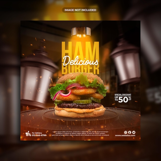 Diseño de plantilla de publicación de redes sociales de deliciosa hamburguesa