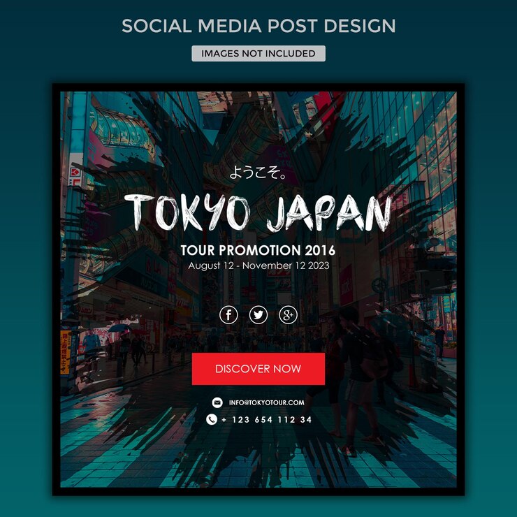 Diseño de plantilla de publicación de redes sociales de gira de viajes de Tokio, Japón para anuncios de banner de Facebook e Instagram