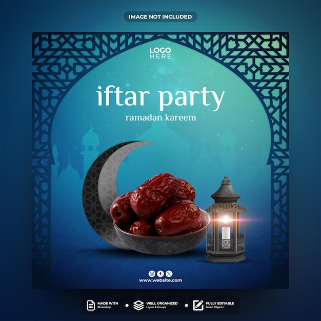 Diseño de plantilla de publicación de redes sociales de ramadan kareem del partido iftar