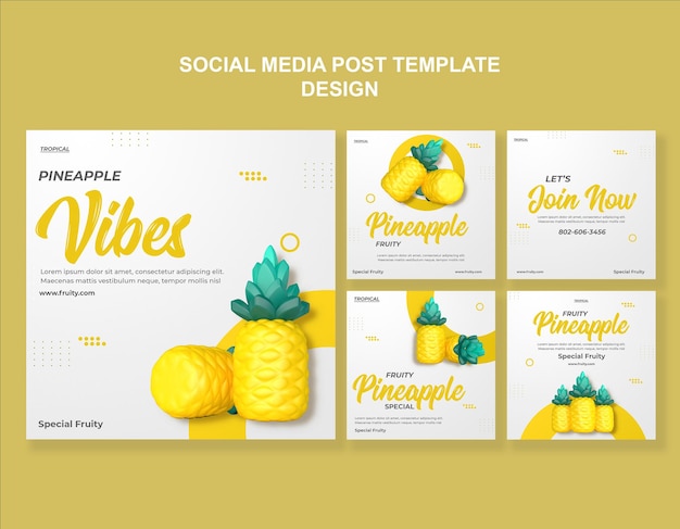 Diseño de plantilla de redes sociales de piña de render 3d