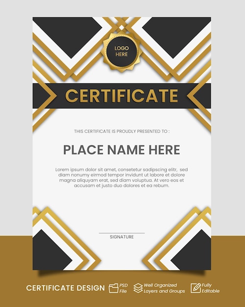diseño de plantilla de retrato de certificado de oro negro