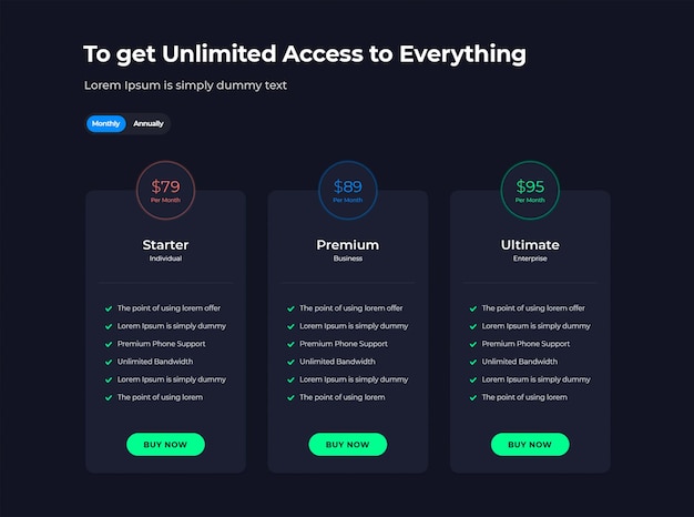 PSD diseño de plantilla de tabla de precios de 3 planes, tema oscuro