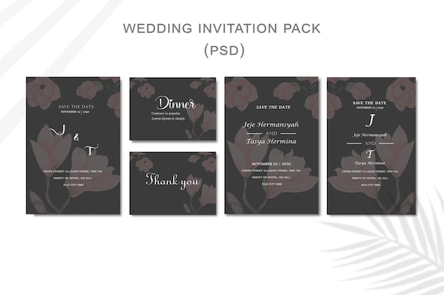 Diseño de plantilla de tarjeta de invitación de boda floral negro psd