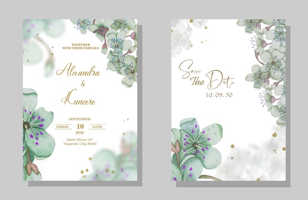 Diseño de plantilla de tarjeta de invitación de boda floral Somei Yoshino sakura flores PSD