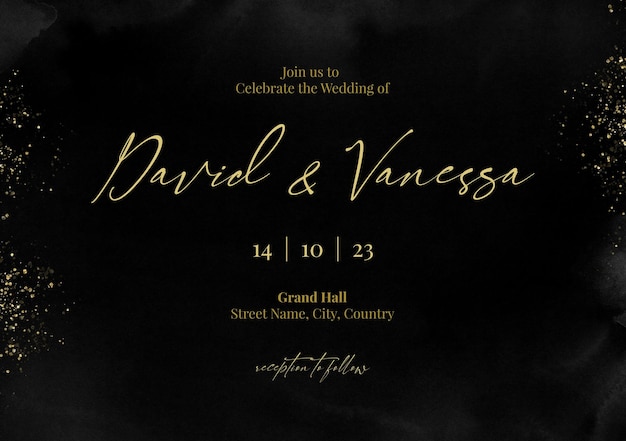Diseño de plantilla de tarjeta de invitación de boda negra y dorada