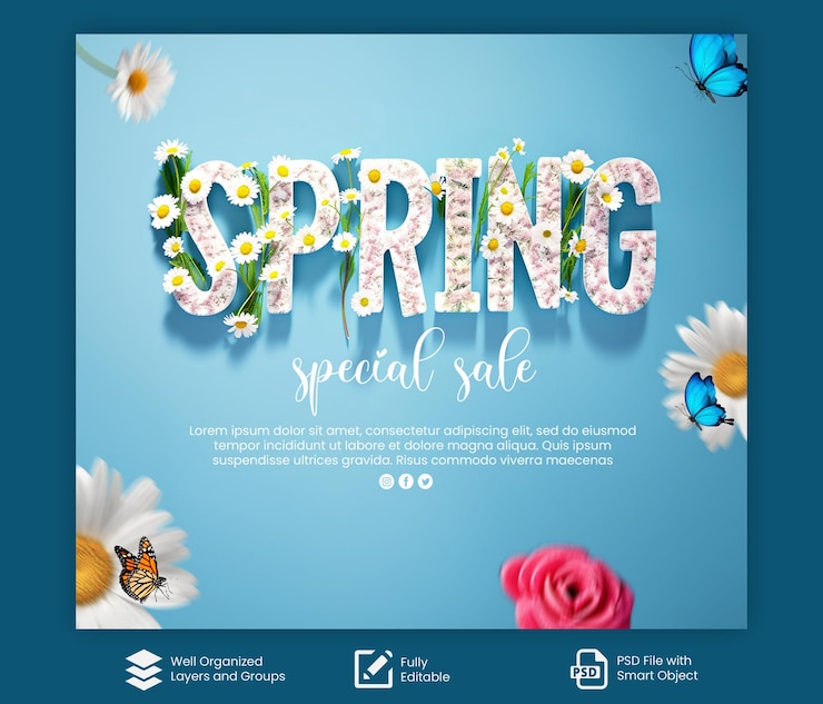 PSD diseño de plantilla de venta de descuento de psd happy spring para redes sociales con texto de venta de primavera editable