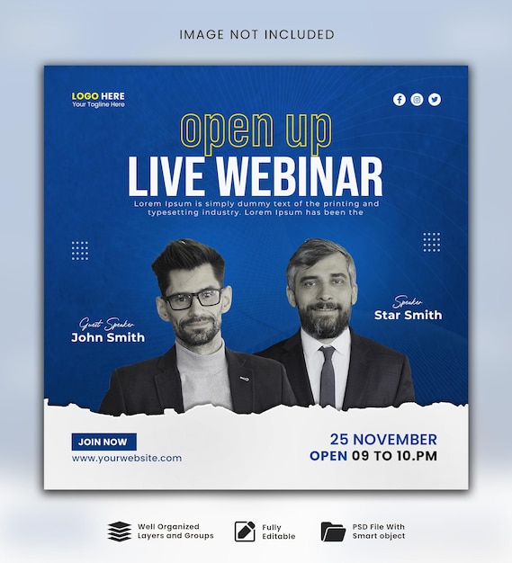 Diseño de plantillas creativas para post de seminarios web en vivo en redes sociales de negocios