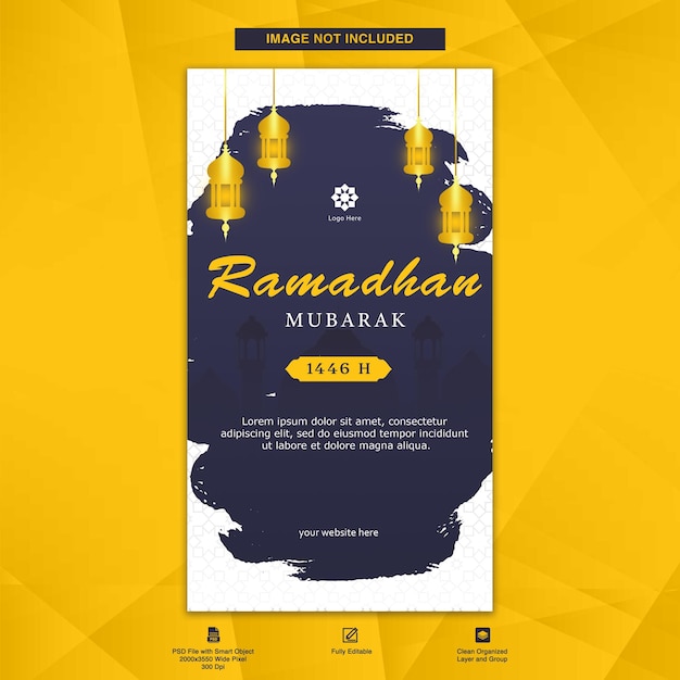 Diseño de plantillas de historias de Instagram de Ramadan Mubarak con fondo de pincel islámico