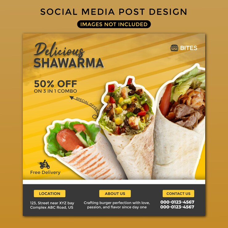 Diseño de plantillas de redes sociales de comida rápida shawarma para Facebook e Instagram.
