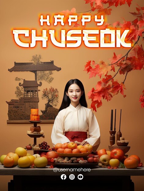 PSD diseño de póster imprimible de happy chuseok y publicación en redes sociales.