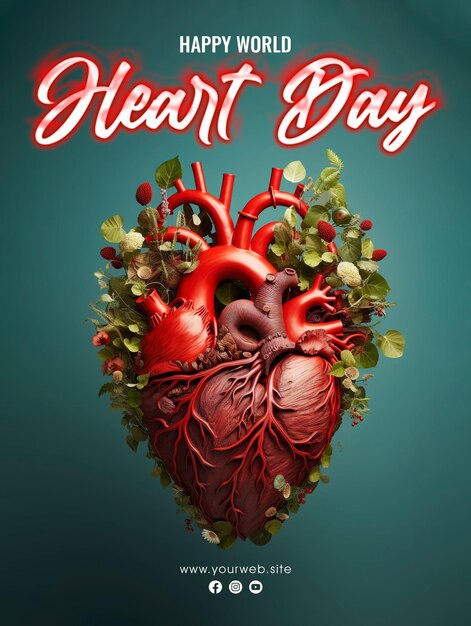 PSD diseño de póster de redes sociales para el día mundial del corazón con fondo de anatomía del corazón