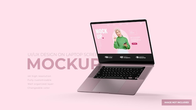 Diseño de presentación UI UX en maqueta de pantalla de computadora portátil MacBook realista flotante rosa