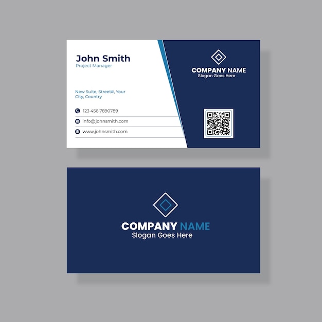 Un diseño profesional de tarjeta de visita con color azul oscuro y claro