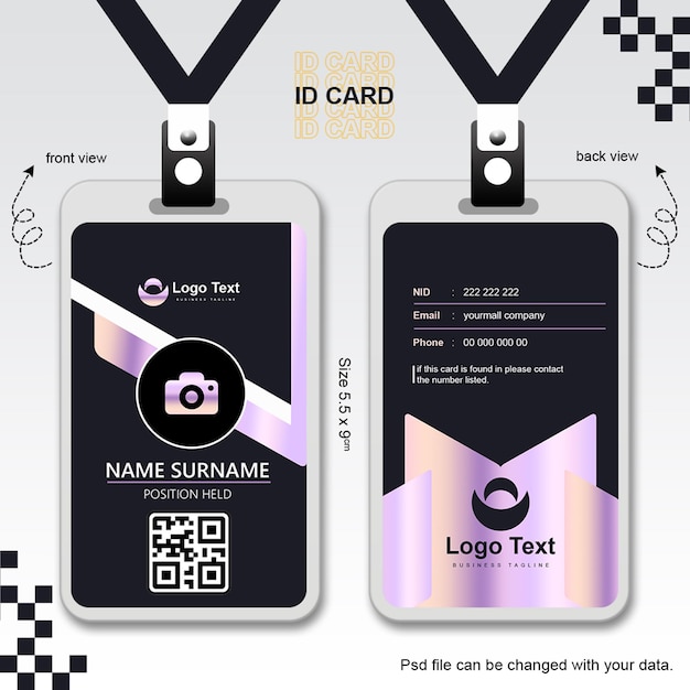 Diseño profesional de tarjetas de identificación con código QR y elementos de gradiente