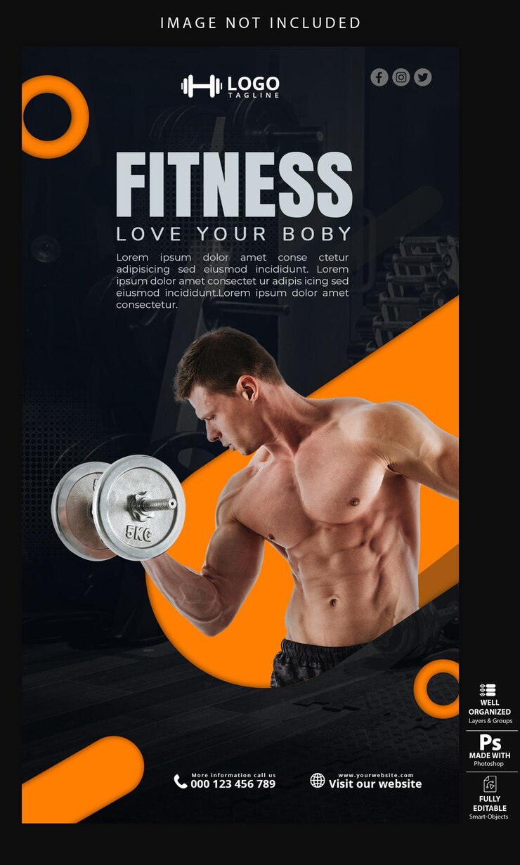 Diseño PSD fitness y gimnasio instagram facebook plantilla historias naranja