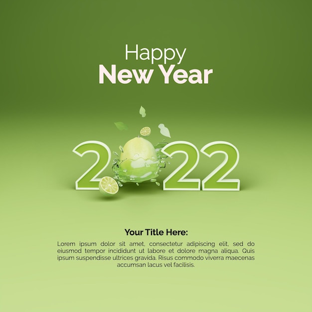 Diseño de publicación de año nuevo 2022 con limón de renderizado 3d