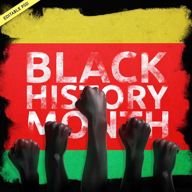 PSD diseño de publicación cuadrada del mes de la historia negra con puños levantados