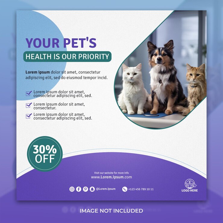 Diseño de publicación cuadrada de redes sociales de cuidado de mascotas de animales.