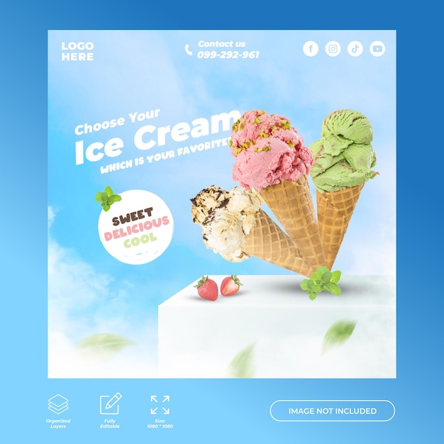 Diseño de publicación en redes sociales de delicioso helado