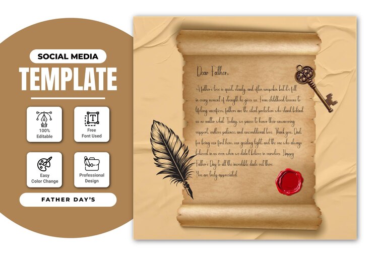 Un diseño de publicación de redes sociales en formato de letra antigua Template con tema de mensaje de día del padre