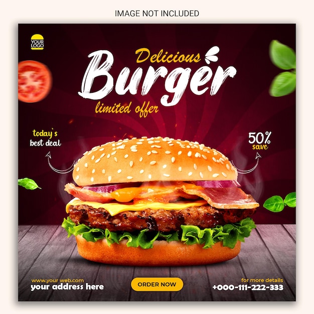 Diseño de publicación de redes sociales de hamburguesa deliciosa