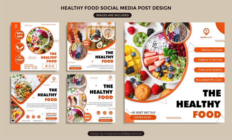 Diseño de publicaciones en redes sociales de alimentos saludables Facebook e Instagram