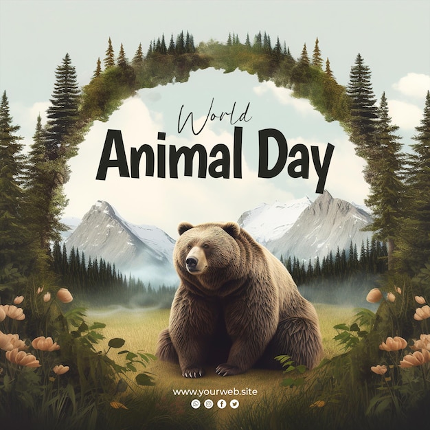 PSD diseño de publicaciones en redes sociales del día mundial de los animales con fondo de oso