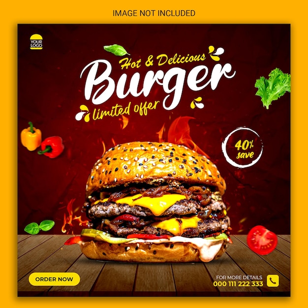 Diseño de publicaciones en redes sociales de hamburguesas calientes y deliciosas