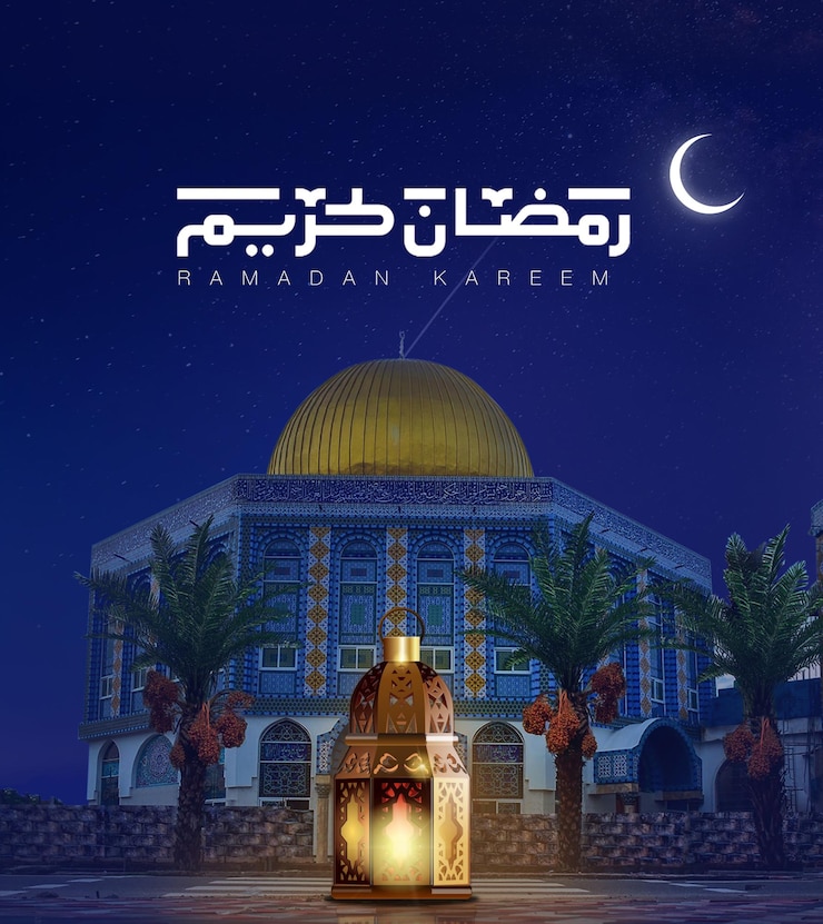 PSD diseño de ramadan kareem con linterna de luna creciente de la mezquita y caligrafía árabe