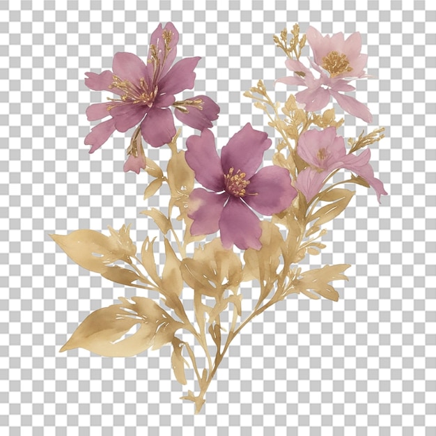 PSD diseño de ramo de flores de color oro acuarela de fondo transparente