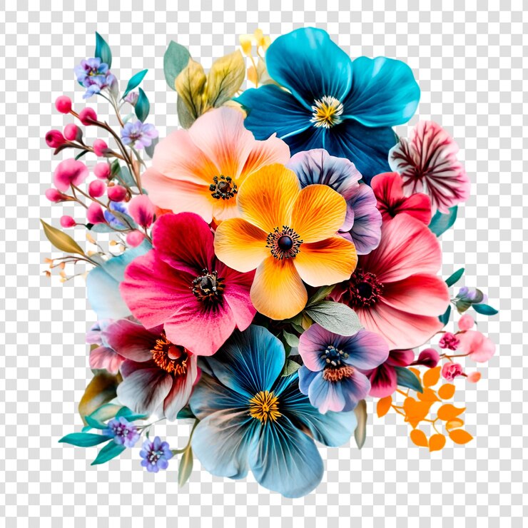 PSD diseño de ramos florales vibrantes sobre un fondo transparente