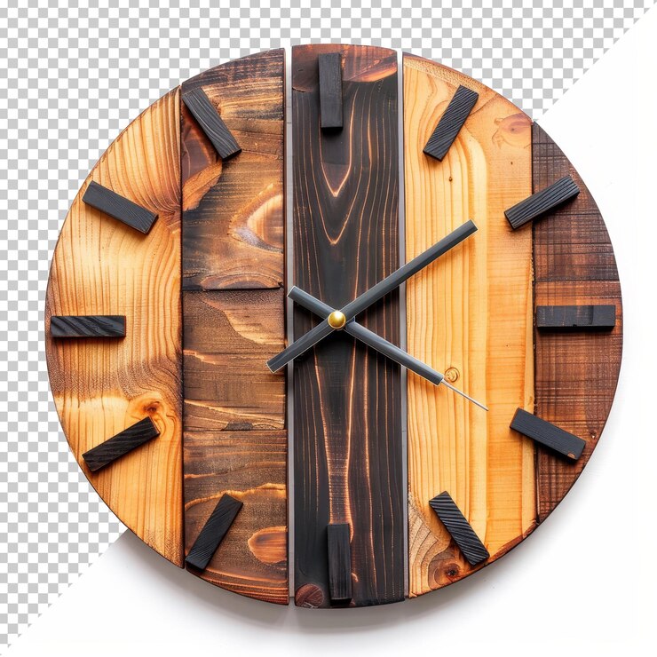PSD diseño de reloj de madera natural que muestra anillos distintos y características minimalistas para un acento casero atemporal
