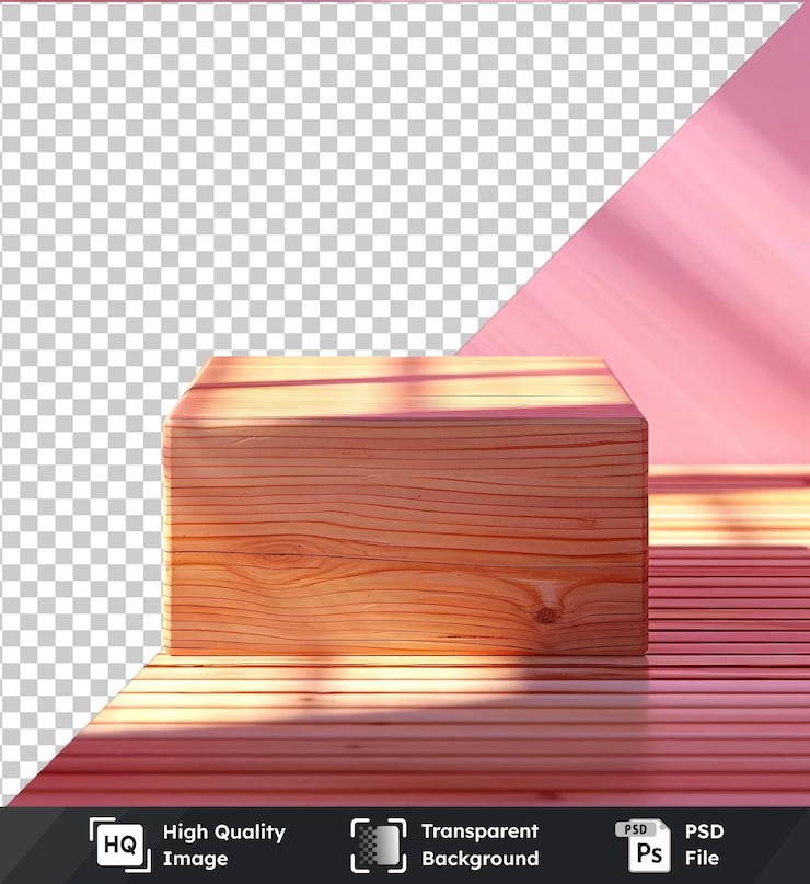 PSD diseño de renderización de caja de madera de primera calidad aislado en pared rosa