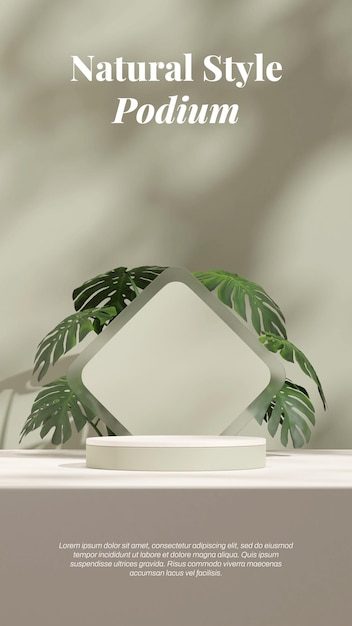 Diseño de retrato de monstera verde y pared 3d render espacio maqueta podio redondo blanco y verde
