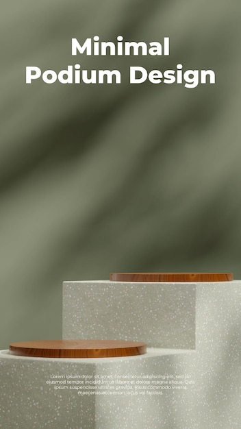 Diseño de retrato de pared verde, espacio en blanco de renderizado 3D de terrazo y podio de madera