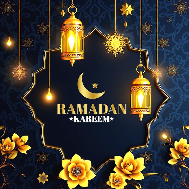 Diseño de saludos de Ramadan Kareem con un fondo azul profundo