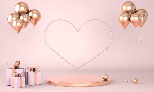 Diseño de San Valentín con pedestal y corazones en renderizado 3d