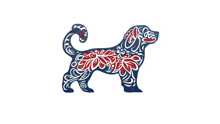 PSD diseño de silueta de perro floral adornado patten rojo blanco y azul