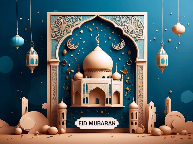 Diseño de tarjeta de Eid Mubarak con una imagen de una mezquita