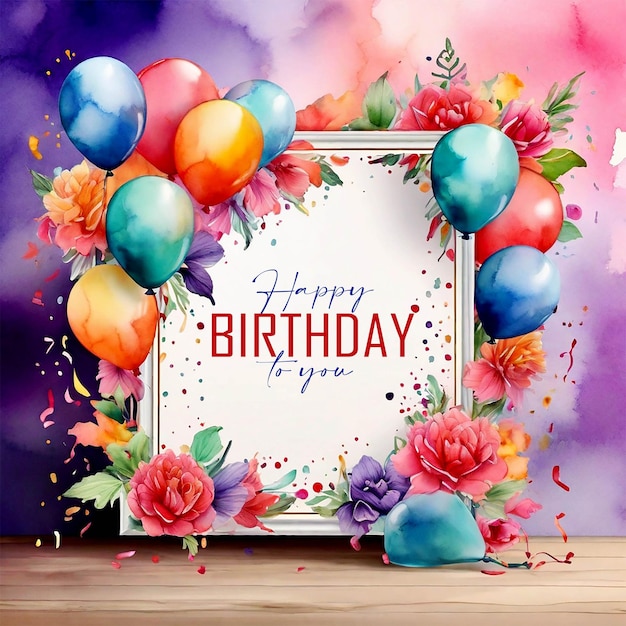 Diseño de tarjeta de felicitación de cumpleaños con globos y flores en fondo de acuarela