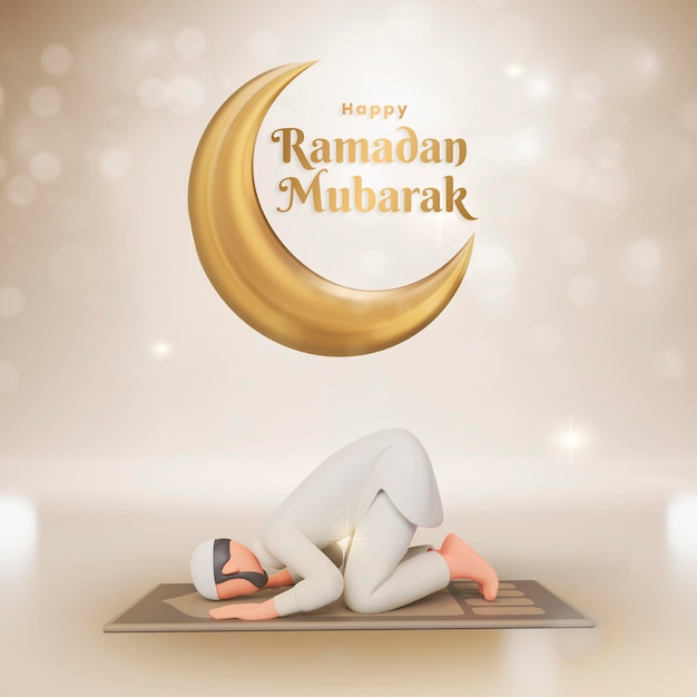 Diseño de tarjeta de saludo islámico ramadan mubarak con ilustración 3d