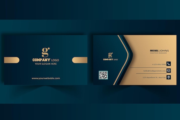 diseño de tarjeta de visita azul y dorado templa