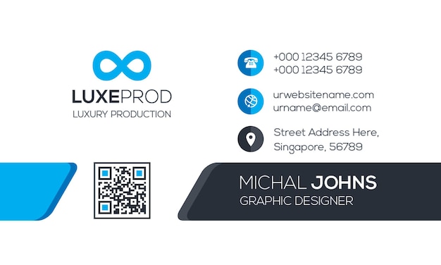 Diseño de tarjeta de visita para LUXEPROD con datos de contacto y código QR