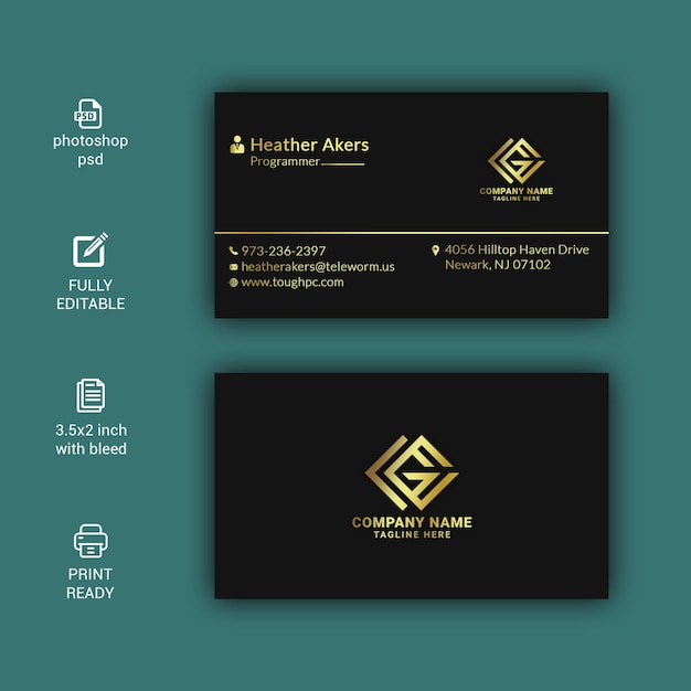 Diseño de tarjeta de visita profesional minimalista moderno dorado.