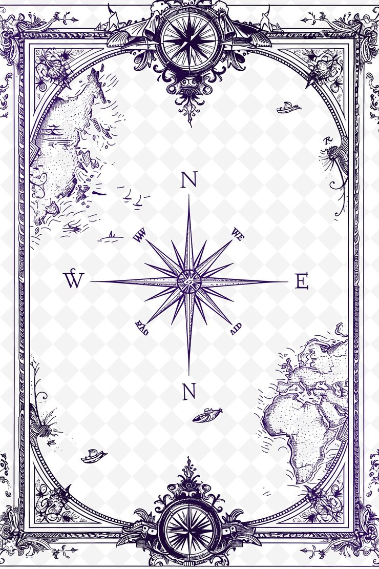 PSD diseño de tarjetas postales de aventura png con un marco de brújula estilo completo dibujos artísticos garabateados decorativos