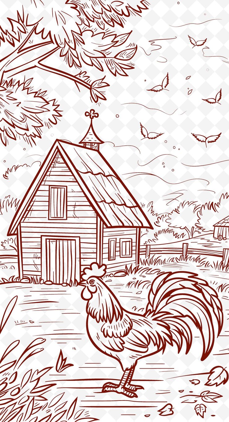 PSD diseño de tarjetas postales de campo con marco de granja diseño de estilo de arte de contorno escriptura decorativa